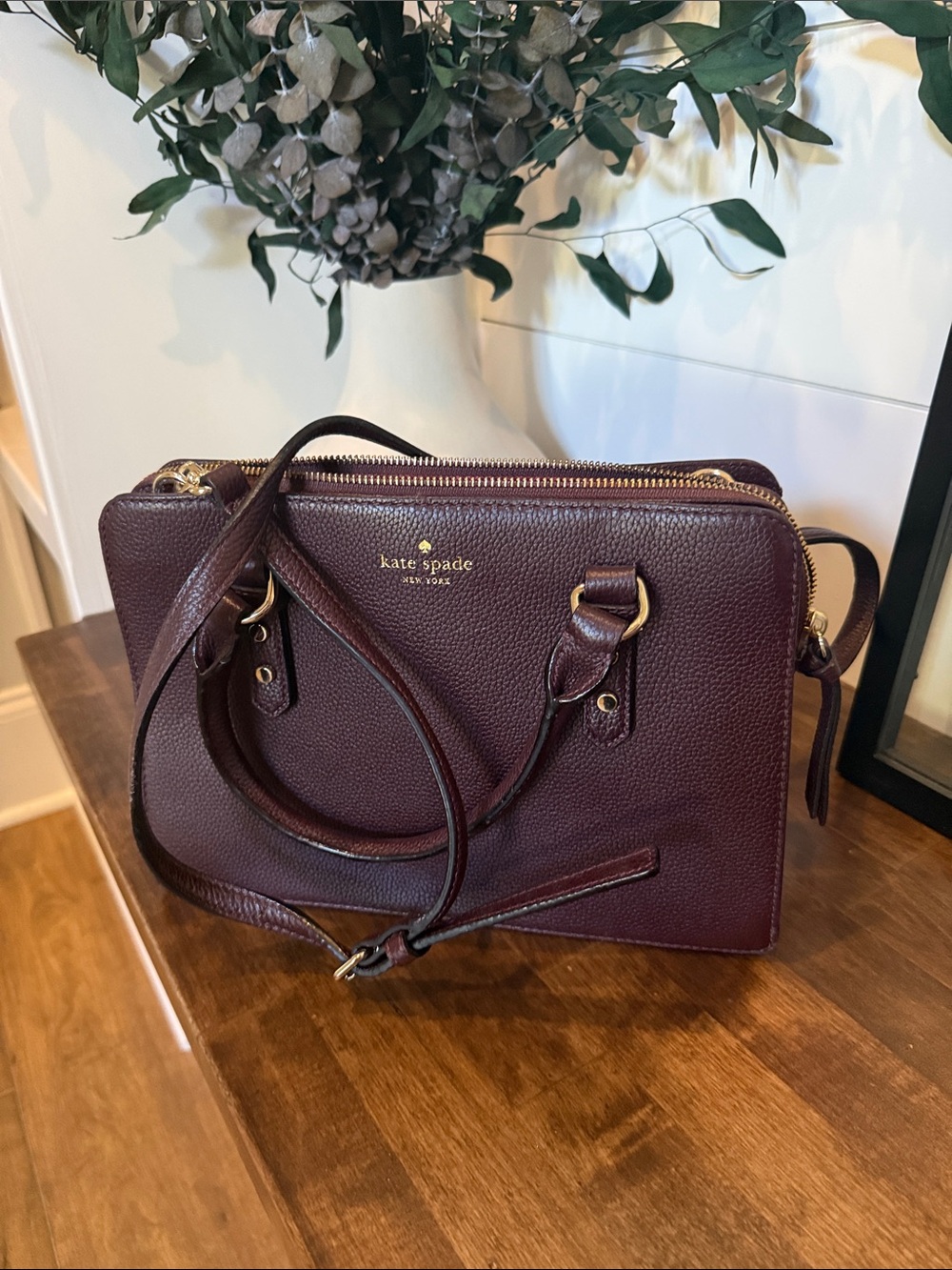kate spade Deep Plum Pebbled Leather Satchel with Gold Hardware